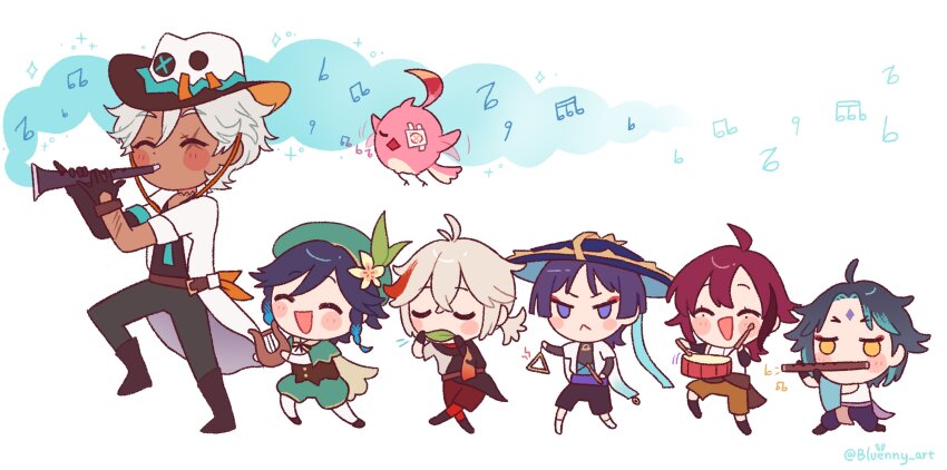 6+boys :&lt; absurdres bird black_gloves black_hair blue_hair bluenny blush boots braid cacucu cape chibi chibi_only closed_eyes commentary crossed_bangs dark-skinned_male dark_skin english_commentary facial_mark flower flute forehead_mark full_body genshin_impact gloves grey_hair hair_between_eyes hat highres holding holding_flute holding_instrument ifa_(genshin_impact) instrument japanese_clothes jingasa kaedehara_kazuha leaf lyre male_focus mole mole_under_eye multicolored_hair multiple_boys music musical_note open_mouth pants playing_instrument ponytail purple_eyes purple_hair red_hair scar scar_across_eye scar_on_face scaramouche_(genshin_impact) shikanoin_heizou simple_background streaked_hair twin_braids twitter_username venti_(genshin_impact) wanderer_(genshin_impact) white_background xiao_(genshin_impact)
