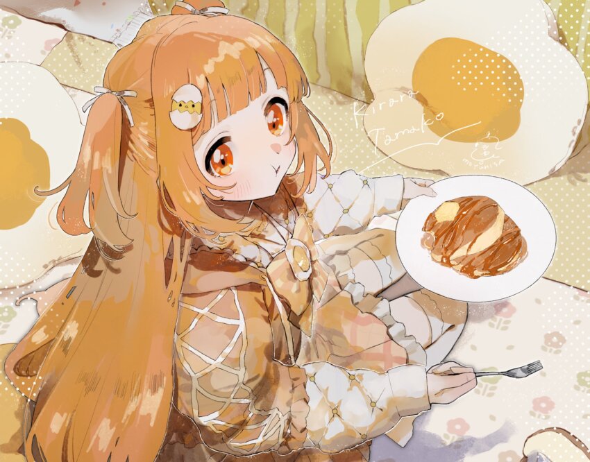 1girl blunt_bangs bow bowtie brown_jacket carpet character_name closed_mouth eating egg_hair_ornament food food-themed_hair_ornament fork frilled_skirt frills hair_ornament hair_ribbon halftone highres holding holding_fork jacket kirara_tamako kirara_tamako_(2nd_costume) long_hair looking_at_viewer maple_syrup moyuhisa nijisanji orange_eyes orange_hair pancake pillow plaid_clothes plaid_skirt plate ribbon sitting skirt sleeves_past_wrists solo striped_bow striped_bowtie striped_clothes thighhighs two_side_up virtual_youtuber wariza white_thighhighs