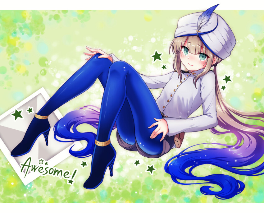 1boy belt belt_pouch blue_boots blue_hair blue_pantyhose blush boots brown_hair brown_shorts captain_nemo_(fate) captain_nemo_(first_ascension)_(fate) closed_mouth commentary_request english_text fate/grand_order fate_(series) full_body gradient_hair green_background green_eyes hair_between_eyes hand_on_own_knee hat_feather high_heel_boots high_heels highres knees_up legs letterboxed long_hair long_sleeves looking_at_viewer male_focus military military_uniform multicolored_hair naval_uniform nemo_(fate) pantyhose pouch reclining shell_ocean shiny_clothes shirt shorts sidelocks smile solo star_(symbol) turban very_long_hair white_headwear