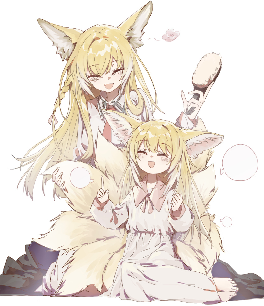 2girls :d ^_^ absurdres animal_ear_fluff animal_ears arknights barefoot black_cloak blonde_hair blue_skirt blush breasts brushing_another&#039;s_hair brushing_hair chinese_commentary cloak closed_eyes collared_dress collared_shirt commentary curled_fingers dress dress_shirt eyelashes falling_petals fang flower fox_ears fox_girl fox_tail full_body hair_between_eyes hair_brush hairdressing hands_up highres holding holding_hair_brush index_finger_raised medium_breasts mother_and_daughter multiple_girls multiple_tails necktie on_ground open_mouth petals pink_flower pink_trim red_necktie sao7 shirt sitting skirt small_breasts smile speech_bubble suzuran_(arknights) tail talking toes unworn_cloak vulpisfoglia_(arknights) white_dress white_shirt yokozuwari