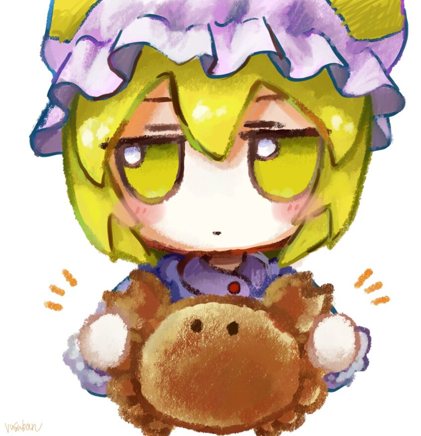 crab food fumo_(doll) highres holding holding_food looking_at_viewer rusuban_(yakumora_n) signature solo touhou upper_body white_background yakumo_ran