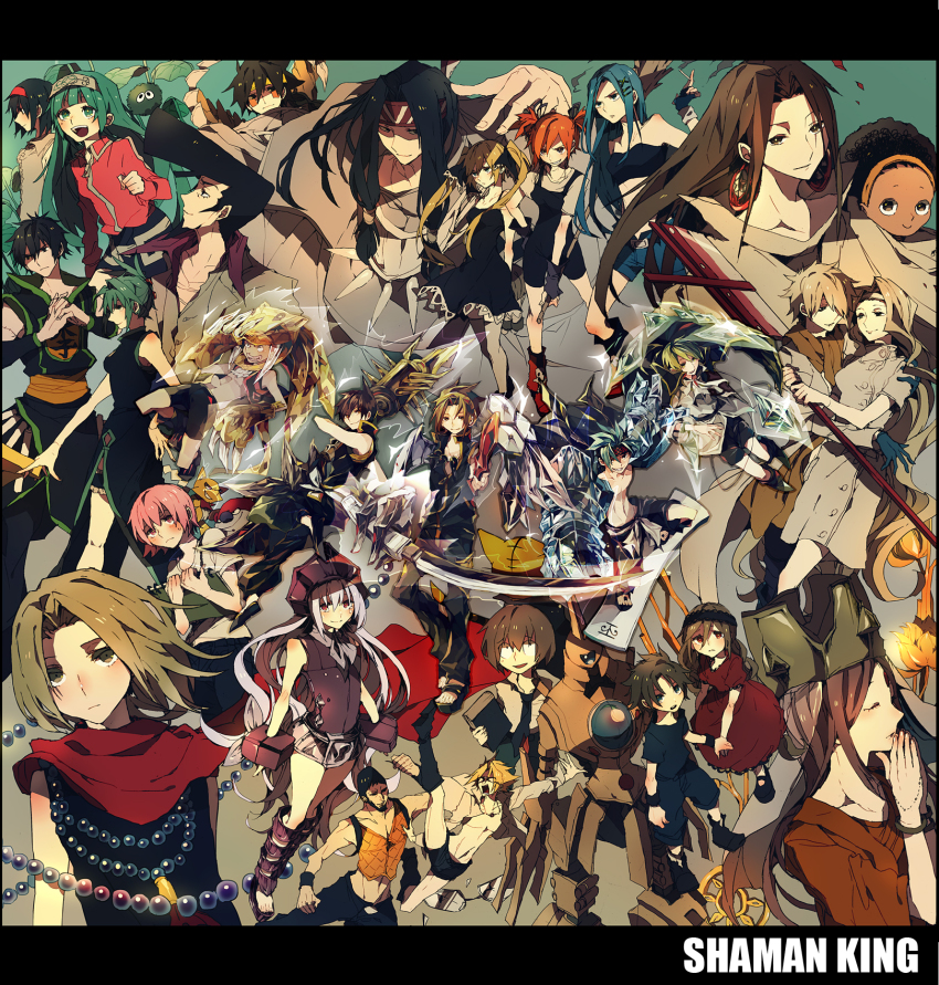 6+boys 6+girls asakura_hao asakura_yoh bandana blonde_hair blue_hair brown_eyes brown_hair china_dress chinese_clothes chocolove_mcdonell damuko dark_skin dress earrings eliza_(shaman_king) everyone eyeshadow fingerless_gloves gloves green_hair hairband helmet highres hug husband_and_wife iron_maiden_jeanne jewelry johann_faust_viii jumping kanna_bismarch kyouyama_anna lee_bailong leotard long_hair luchist_lasso lyserg_diethel makeup marco_lasso marion_phauna matilda_matisse multiple_boys multiple_girls native_american nichrom opacho open_mouth orange_hair oyamada_manta pink_hair red_eyes redseb_munzer ribbon sati_saigan seyram_munzer shaman_king short_hair short_twintails siblings silva_(shaman_king) silver_hair tamamura_tamao tao_jun tao_ren twintails umemiya_ryuunosuke usui_horokeu usui_pirika very_long_hair yuuichi_(bobobo) zombie
