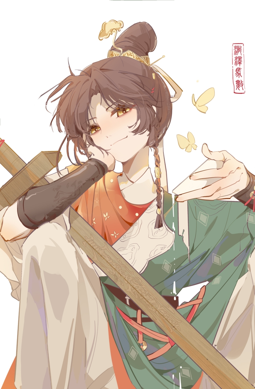 1girl absurdres an-an_lee artist_name black_hair bowl bug butterfly chinese_clothes feet_out_of_frame green_robe hair_bun hand_on_own_cheek hand_on_own_face hanfu highres holding holding_bowl insect jian_(weapon) longze_mashu looking_at_viewer official_alternate_costume pants pouring red_shirt reverse:1999 robe seal_script shirt smile solo sword weapon white_background white_pants wooden_sword xiao_guan_(headdress) yellow_butterfly yellow_eyes