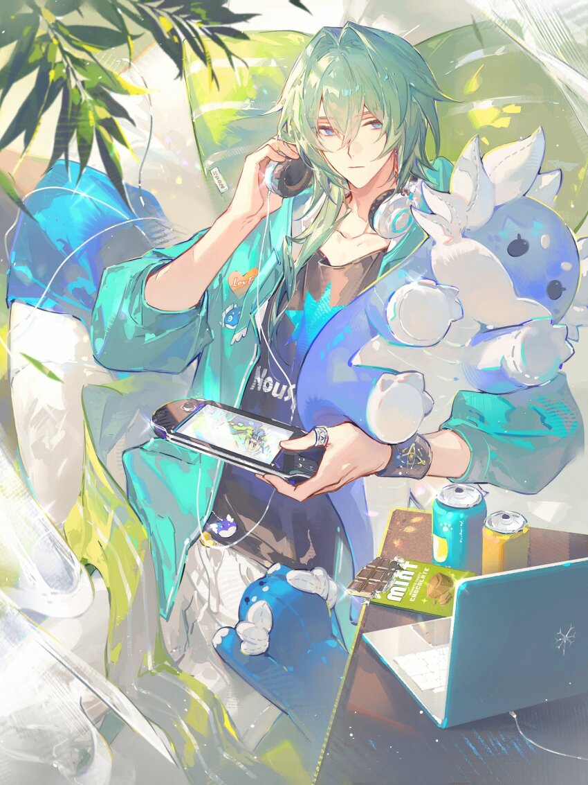 1boy anaxa_(honkai:_star_rail) aqua_hair aqua_jacket black_shirt blue_eyes can chocolate computer crystal_earrings drink_can dromas_(honkai:_star_rail) earphones earrings guest_art hair_intakes hair_over_shoulder handheld_game_console highres holding holding_earphones holding_handheld_game_console holding_stuffed_toy honkai:_star_rail honkai_(series) jacket jewelry laptop looking_at_viewer low_ponytail male_focus official_alternate_costume official_art pants ponytail red_pupils renjian_shilian shirt solo stuffed_toy white_pants