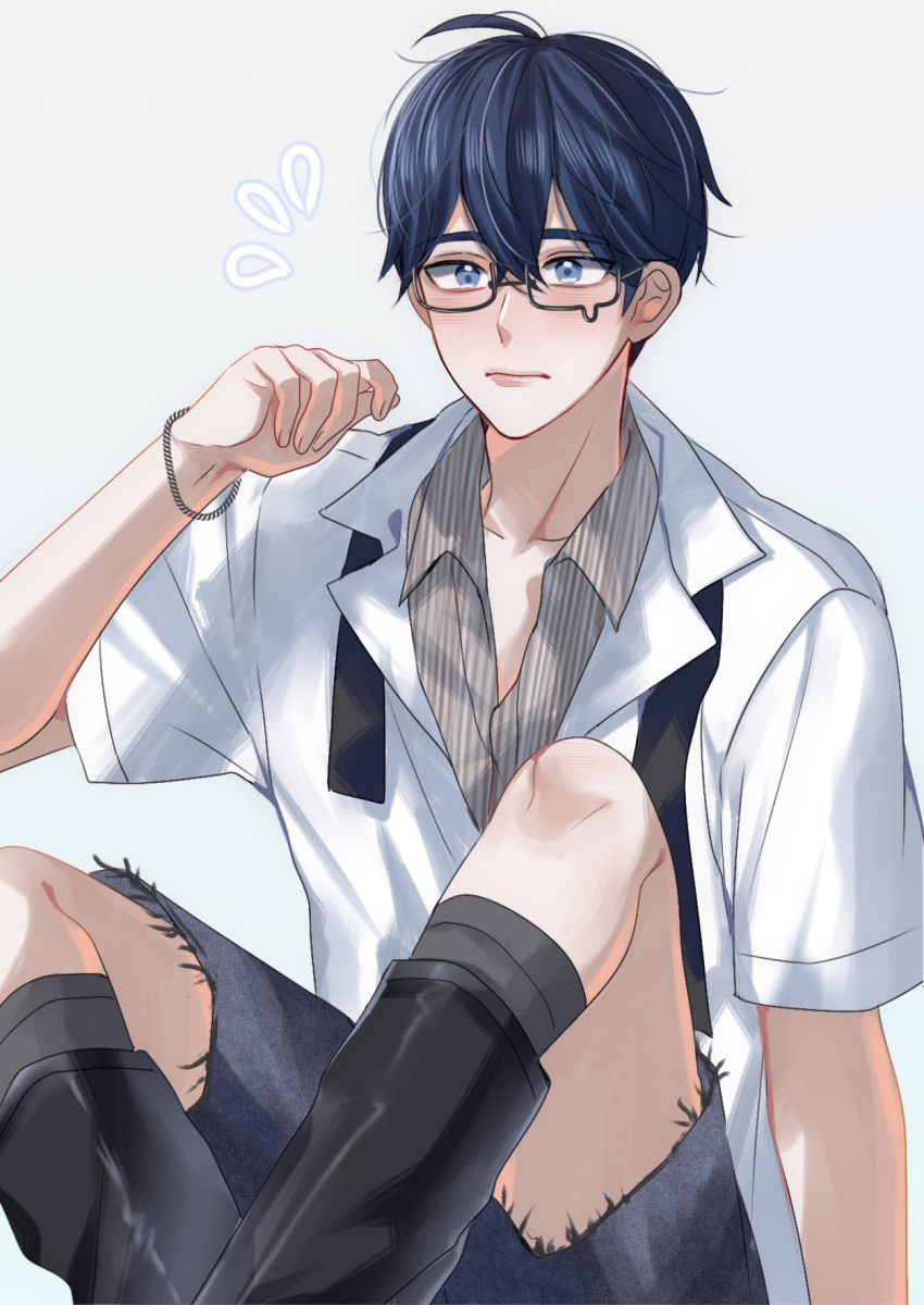 1boy arm_up bespectacled black-framed_eyewear black_necktie black_shoes black_shorts blue_eyes blue_hair boots bracelet closed_mouth collared_shirt commentary double-parted_bangs feet_out_of_frame fingernails flying_sweatdrops glasses grey_background grey_shirt hair_between_eyes highres jewelry lapels male_focus mikan_(artist) necktie notched_lapels open_clothes open_shirt pinstripe_pattern pinstripe_shirt plave semi-rimless_eyewear shirt shoes short_sleeves shorts simple_background sitting solo tears undone_necktie white_shirt yejun_(plave)