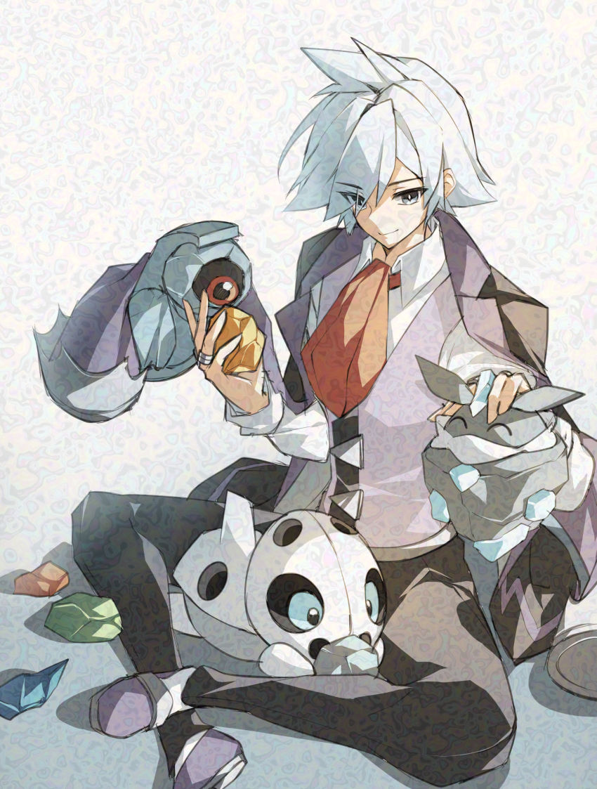 1boy ^_^ absurdres aron beldum belt between_legs black_jacket black_pants black_sclera blue_eyes blue_hair carbink closed_eyes closed_mouth cloudsmoothie collared_shirt colored_sclera commentary_request crystal floating full_body game_freak gem gen_3_pokemon gen_6_pokemon grey_hair grey_sleeve_cuffs highres holding holding_gem indian_style jacket jacket_on_shoulders jewelry korean_commentary lapels long_sleeves looking_at_another looking_at_object male_focus necktie nintendo notched_lapels on_floor one-eyed pants petting pokemon pokemon_(creature) pokemon_oras purple_shoes purple_vest red_eyes red_necktie ring shirt shoes short_hair sidelocks sitting sleeve_cuffs smile solo spiked_hair steven_stone vest white_belt white_shirt