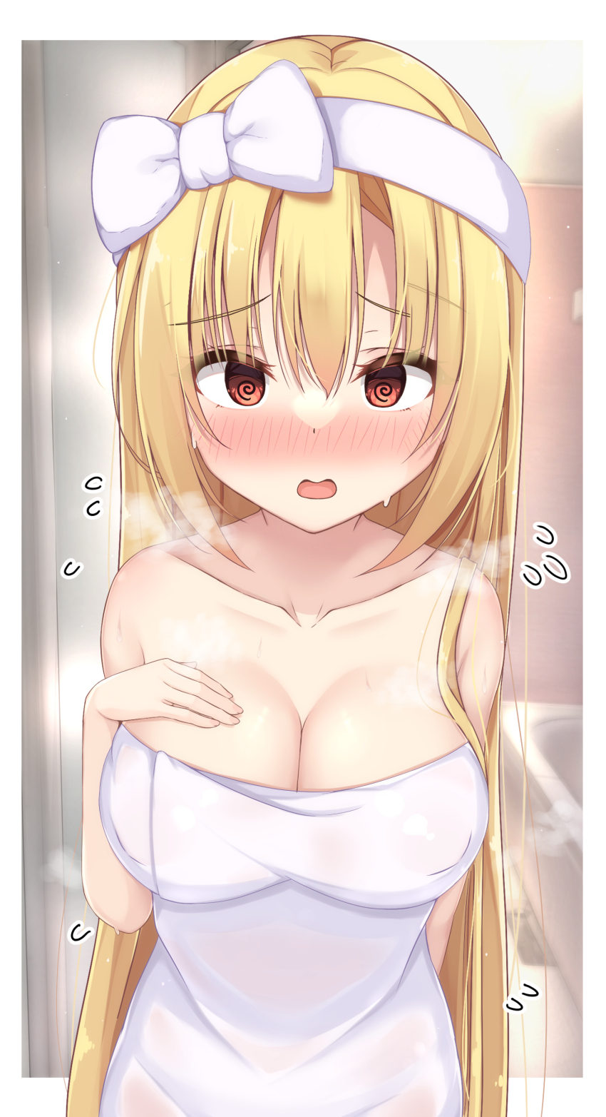 1girl @_@ absurdres after_bathing arihara_nanami bare_arms bare_shoulders bathroom blonde_hair blush bow breast_hold breasts cleavage collarbone commentary_request covered_erect_nipples curvy double-parted_bangs eyelashes eyes_visible_through_hair flying_sweatdrops framed full-face_blush groin hair_between_eyes hair_bow hair_down hair_over_shoulder hairband heart highres indoors large_breasts long_hair naked_towel open_mouth paid_reward_available red_eyes riddle_joker shiny_skin sidelocks solo steam straight-on straight_hair towel upper_body variant_set very_long_hair water_drop wavy_mouth wet white_bow white_hairband yosh1na