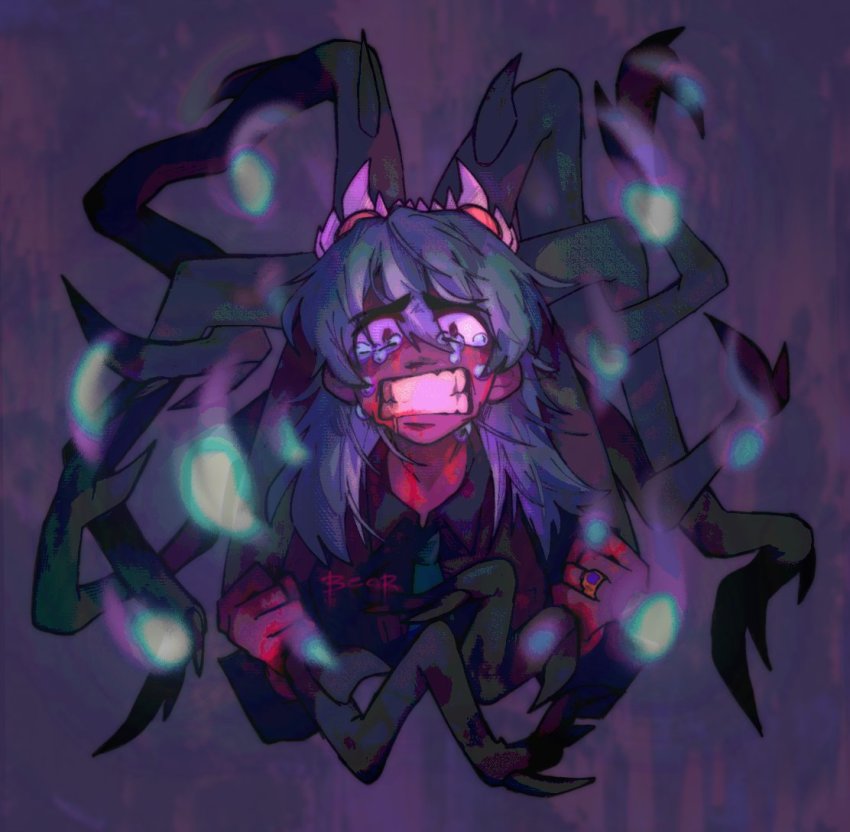 1girl artist_name aura bad_id bad_twitter_id blood blood_on_hands clenched_teeth collared_shirt commentary crying crying_with_eyes_open dark-skinned_female dark_skin english_commentary female_focus fukua_(skullgirls) green_neckwear grey_shirt holding holding_own_hair inactive_account jewelry looking_at_viewer messy_hair necktie nicobear purple_background ring shamone_(skullgirls) shirt skullgirls tears teeth upper_body yellow_eyes