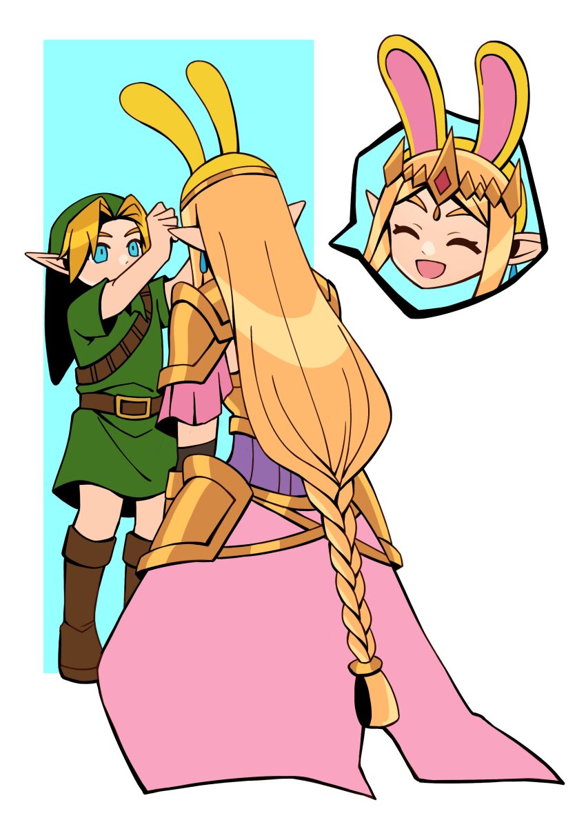 1boy 1girl absurdres armor arms_up blonde_hair blue_eyes boots braid bunny_hood_(zelda) closed_eyes dress earrings fuwafuwallen hat highres hyrule_warriors jewelry link long_hair nintendo open_mouth pointy_ears princess_zelda smile squatting the_legend_of_zelda the_legend_of_zelda:_ocarina_of_time tiara tunic young_link