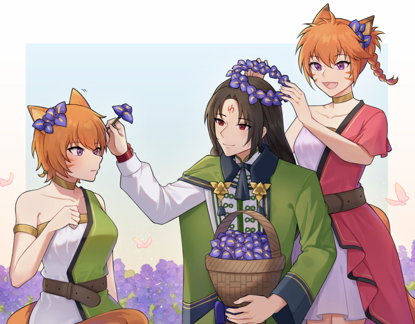 1boy 2girls alternate_costume animal_ears basket belt black_hair blush braid brown_belt bug butterfly cat_ears cat_girl cat_tail choker commission commissioner_upload facepaint facial_mark fang fire_emblem fire_emblem:_path_of_radiance fire_emblem:_radiant_dawn fire_emblem_heroes flower flower_basket foliage forehead_mark hair_flower hair_ornament head_wreath highres holding holding_basket insect laguz_(fire_emblem) lethe_(fire_emblem) lyre_(fire_emblem) multiple_girls nintendo official_alternate_costume orange_hair orange_tail purple_eyes red_eyes robe sash siblings sisters soren_(fire_emblem) soren_(valentine)_(fire_emblem) tail twins waist_sash whisker_markings witchi