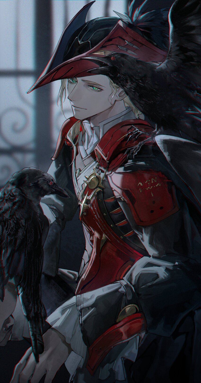 1boy absurdres bird blonde_hair blurry blurry_background chromatic_aberration closed_mouth coat commentary cristoforo_(wuthering_waves) crow english_commentary green_eyes hat hat_feather highres light_smile long_sleeves looking_at_viewer male_focus medium_hair red_coat secretfj520 solo tricorne upper_body wuthering_waves