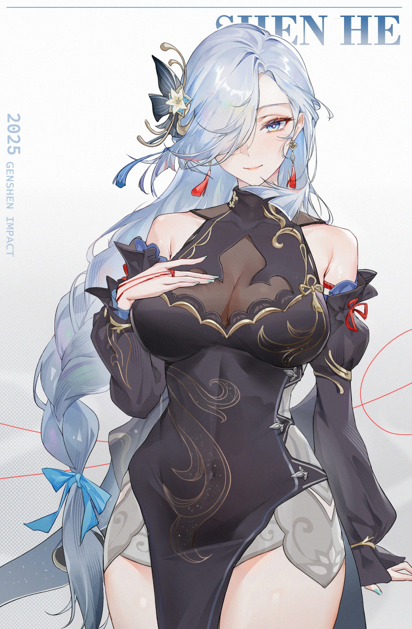 1girl 2025 alternate_costume bare_shoulders black_dress blue_eyes blue_nails braid breasts bullet-jiechan character_name china_dress chinese_clothes chinese_commentary cleavage closed_mouth commentary_request dated detached_sleeves dress earrings english_text genshin_impact grey_hair hair_ornament hair_over_one_eye hand_on_own_chest highres jewelry large_breasts long_hair looking_at_viewer low-braided_long_hair low-tied_long_hair multicolored_eyes official_alternate_costume shenhe_(frostflower_dew)_(genshin_impact) shenhe_(genshin_impact) smile solo tassel tassel_earrings very_long_hair yellow_eyes