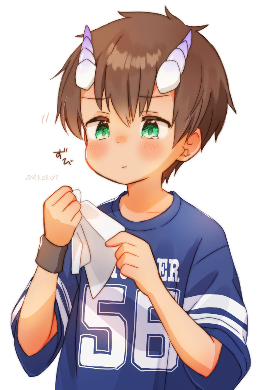 1boy armband arms_up black_armband blue_shirt blush brown_horns child closed_mouth commentary_request dai_(far_tarooo) dated dot_nose far_tarooo green_eyes highres holding holding_tissue horizontal-striped_sleeves horns looking_at_object male_focus original print_shirt shirt simple_background solo striped_sleeves tearing_up tissue white_background white_horns