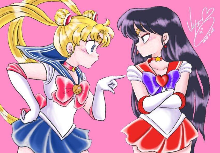 1980s_(style) 2girls alternate_art_style angry bishoujo_senshi_sailor_moon black_eyes black_hair blonde_hair blue_eyes blue_sailor_collar blue_skirt bow bowtie choker circlet collarbone crescent_choker crossed_arms dated double_bun earrings elbow_gloves eye_contact gloves hair_bun hino_rei inner_senshi jewelry long_hair looking_at_another magical_girl miniskirt multiple_girls neck necklace oldschool open_mouth pink_background pointing pointing_at_another purple_bow purple_bowtie red_bow red_bowtie red_choker red_sailor_collar red_skirt retro_artstyle sailor_collar sailor_mars sailor_moon sailor_senshi sailor_senshi_uniform signature simple_background skirt standing star_(symbol) star_choker star_earrings star_necklace super_sailor_mars tongue tongue_out tsukino_usagi twintails usaki_rumic very_long_hair white_gloves