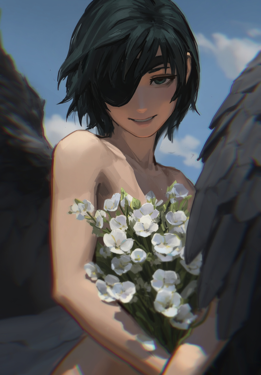 1girl black_eyes black_hair black_wings blue_sky bouquet chainsaw_man cloud day eyepatch flower highres himeno_(chainsaw_man) holding holding_bouquet implied_nudity looking_at_viewer melon017 outdoors short_hair sky solo white_flower wings