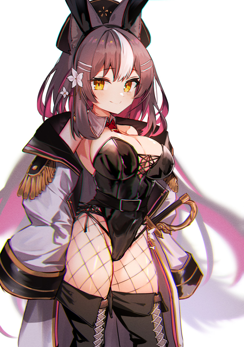 1girl absurdres animal_ears black_boots black_leotard blush boots breasts brown_hair chisaka_airi closed_mouth coat colored_inner_hair commission detached_collar fishnet_pantyhose fishnets flower hair_flower hair_ornament hairclip highres large_breasts leotard long_hair long_sleeves looking_at_viewer mooninkyuu multicolored_hair necktie off_shoulder open_clothes open_coat pantyhose phase_connect pink_hair playboy_bunny red_necktie simple_background skeb_commission sleeves_past_fingers sleeves_past_wrists solo strapless strapless_leotard streaked_hair thigh_boots virtual_youtuber white_background white_coat white_flower white_hair wolf_ears wolf_girl yellow_eyes