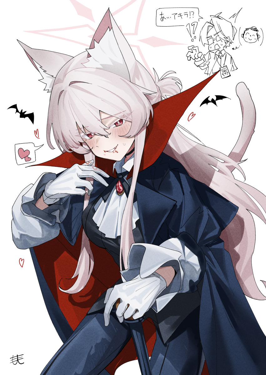 1boy 1girl absurdres akira_(blue_archive) animal_ear_fluff animal_ears ascot black_shirt blood_on_mouth blue_archive blue_pants blush cat_ears cat_girl cat_tail cosplay doodle_sensei_(blue_archive) dracula dracula_(cosplay) forehead gloves grin hair_between_eyes heart highres id_card long_hair pants ponytail red_eyes sensei_(blue_archive) shirt short_ponytail sidelocks smile tail takinohamira vampire white_ascot white_gloves white_hair