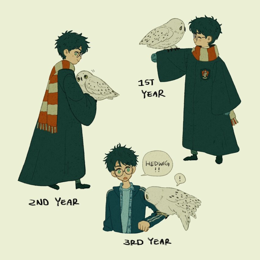 ! 1boy age_progression animal_on_arm bird bird_on_arm black_hair black_robe blue_jacket blue_shirt character_name closed_eyes collared_shirt cropped_torso full_body glasses green_eyes harry_potter harry_potter_(series) hedwig helen_jee highres jacket messy_hair open_mouth owl robe round_eyewear scar scar_on_face scar_on_forehead scarf school_uniform shirt short_hair smile spoken_exclamation_mark striped_clothes striped_scarf wizarding_world