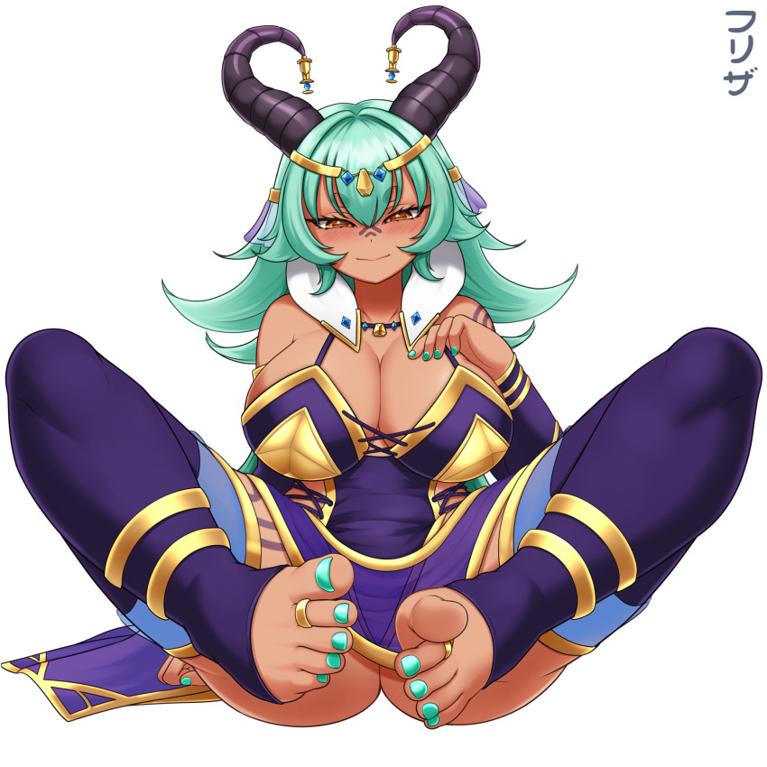 1girl ass azura_dulait black_horns blue_nails blush breasts brown_eyes cleavage closed_mouth commentary commission cross-laced_clothes cross-laced_leotard dark-skinned_female dark_skin detached_sleeves efreezerarts english_commentary feet foot_focus goat_girl goat_horns green_hair green_nails hair_ornament highres horizontal_pupils horn_ornament horns jewelry large_breasts leotard long_hair mature_female nail_polish purple_sleeves smile solo thighhighs toe_ring toenail_polish toenails toes vallure virtual_youtuber