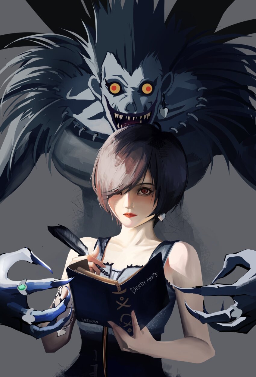 1boy 1girl bare_shoulders black_dress black_hair black_shirt bracelet brown_hair closed_mouth collarbone colored_skin commentary death_note death_note_(object) dress earrings english_commentary fingernails fur_trim grey_background grey_skin hair_over_one_eye heart heart_earrings highres holding holding_notebook holding_quill jewelry looking_to_the_side notebook open_mouth original quill rasipan red_eyes red_lips red_pupils ryuk sharp_fingernails sharp_teeth shirt short_hair simple_background single_earring teeth upper_body yellow_eyes