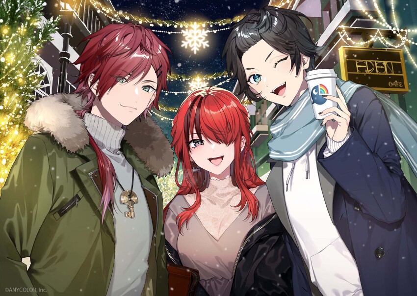1girl 2boys :d ;d alternate_costume alternate_hairstyle axia_krone bag bangs_pinned_back black_hair black_jacket black_nails blue_eyes blue_jacket blue_scarf breasts breath brown_hair cafe christmas christmas_tree cleavage closed_mouth colored_tips copyright_notice cup disposable_cup drawstring dress earrings eyes_visible_through_hair fangs fish_earrings fur-trimmed_jacket fur_trim green_eyes green_jacket grey_dress grey_eyes grey_sweater hair_down hair_ornament hair_over_one_eye hair_over_shoulder hairclip highres holding holding_cup hood hood_down hoodie jacket jewelry key key_necklace kurono_yuu lace lain_paterson lamppost large_breasts lauren_iroas logo long_hair long_sleeves looking_at_viewer low_ponytail multicolored_hair multiple_boys nail_polish necklace night nijisanji off_shoulder official_art one_eye_closed open_clothes open_jacket open_mouth outdoors ponytail red_hair scarf see-through_cleavage see-through_clothes short_hair sky smile snowflakes snowing star_(sky) starry_sky streaked_hair string_of_light_bulbs sweater teeth turtleneck turtleneck_sweater upper_body upper_teeth_only v-neck virtual_youtuber white_hoodie zipper zipper_pull_tab