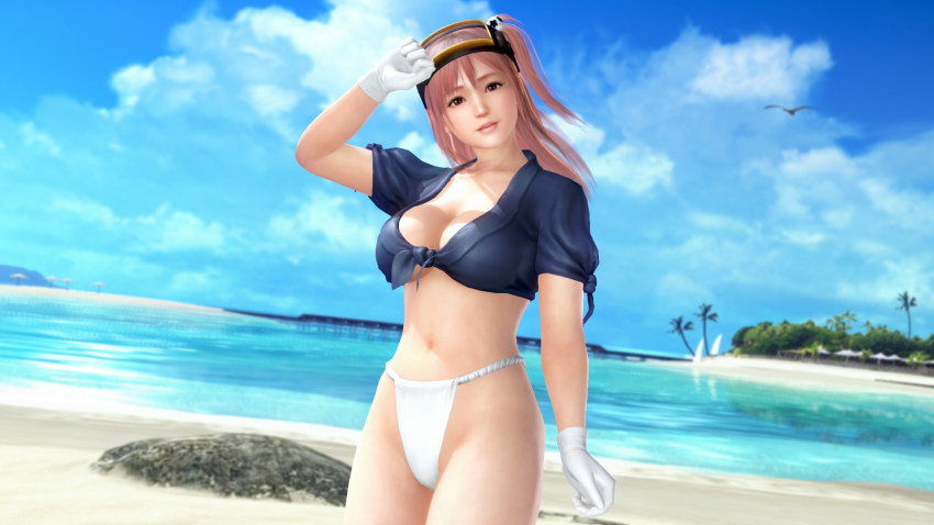1girl 3d beach breasts dead_or_alive dead_or_alive_5 dead_or_alive_xtreme_3_fortune dead_or_alive_xtreme_beach_volleyball female_focus fundoshi highres honoka_(doa) japanese_clothes large_breasts looking_at_viewer midriff ocean official_art official_wallpaper outdoors pink_hair smile solo tecmo