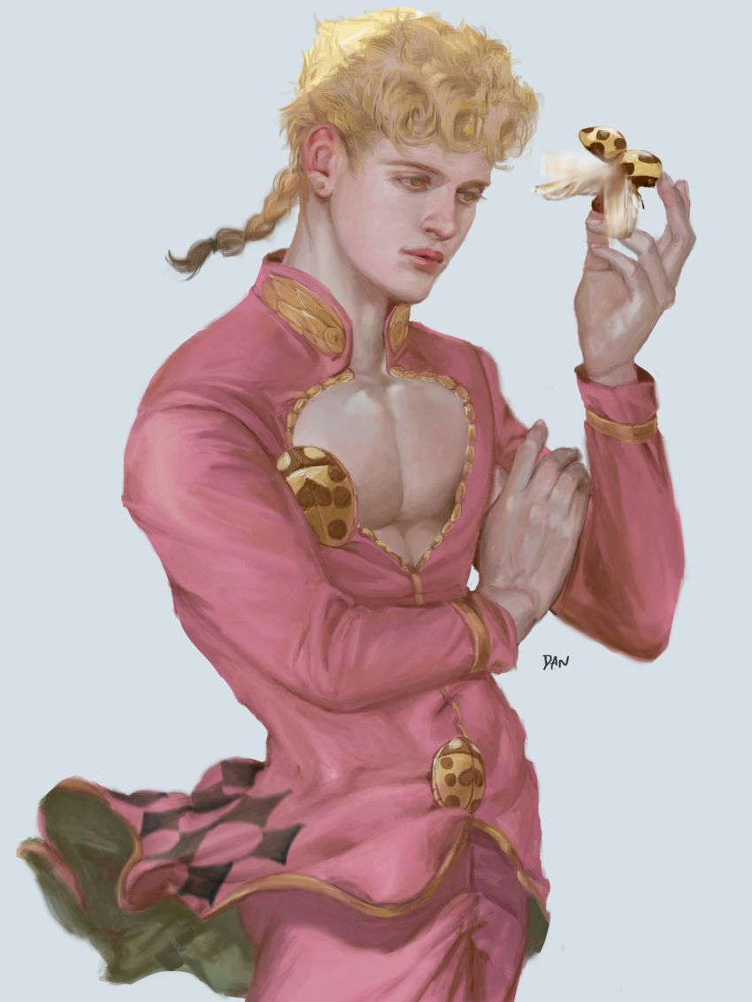 1boy absurdres animal artist_name blonde_hair braid bug commentary_request danart14020 giorno_giovanna green_eyes highres holding holding_animal insect jacket jojo_no_kimyou_na_bouken ladybug lips long_hair long_sleeves male_focus pants pectorals pink_jacket pink_pants realistic solo toned vento_aureo