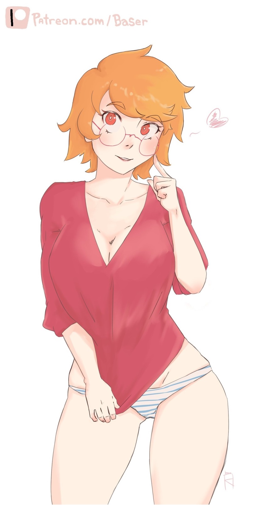 1girl baserguy belly bra breasts cleavage cowboy_shot glasses guy highres large_breasts lingerie original panties red_hair short_hair solo standing thick_thighs thighs underwear white_background wide_hips