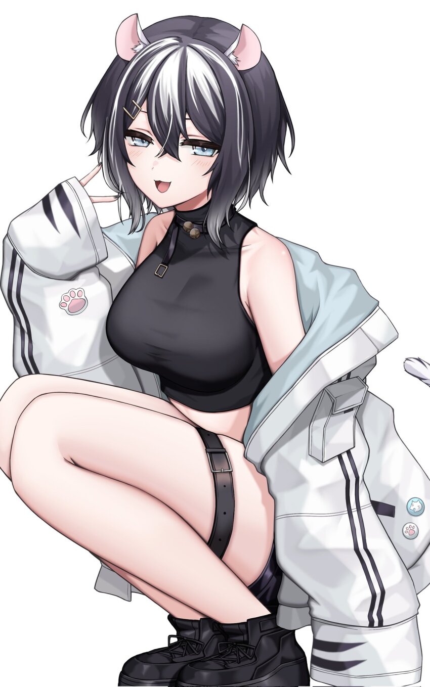 1girl :d animal_ear_fluff animal_ears bare_shoulders bell black_hair black_shirt black_shoes black_shorts blue_eyes blush breasts choker commentary_request crop_top fang full_body hair_between_eyes hair_ornament hairclip hand_up highres jacket kushinaka large_breasts long_sleeves looking_at_viewer midriff multicolored_hair neck_bell off_shoulder open_clothes open_jacket open_mouth paw_print shirt shoes short_hair short_shorts shorts sidelocks simple_background skindentation sleeve_pouch sleeveless sleeveless_shirt sleeves_past_wrists smile solo squatting stardust_virtual_studio streaked_hair tail thigh_strap thighs tiger_ears tiger_girl tiger_tail tight_clothes tight_shirt toranomiya_gure turtleneck turtleneck_shirt two-tone_hair v virtual_youtuber white_background white_hair white_jacket