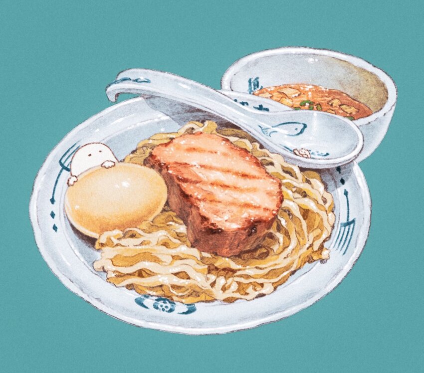 animal_print aqua_background bowl chopped_spring_onion commentary_request creature dipping_noodles egg egg_(food) fish_print food food_focus meat menma no_humans noodles original ramen shuunomo simple_background spoon