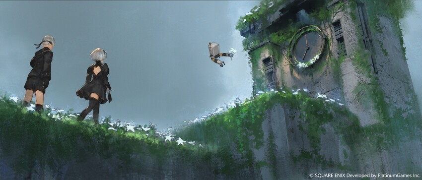 1boy 1girl 2b_(nier:automata) 9s_(nier:automata) absurdres back_cutout boots clock clock_tower clothing_cutout daible dress flower grey_hair highres jacket nier:automata nier_(series) official_art overgrown pod_(nier:automata) ruins short_hair sky thigh_boots thighhighs tower walking zettai_ryouiki