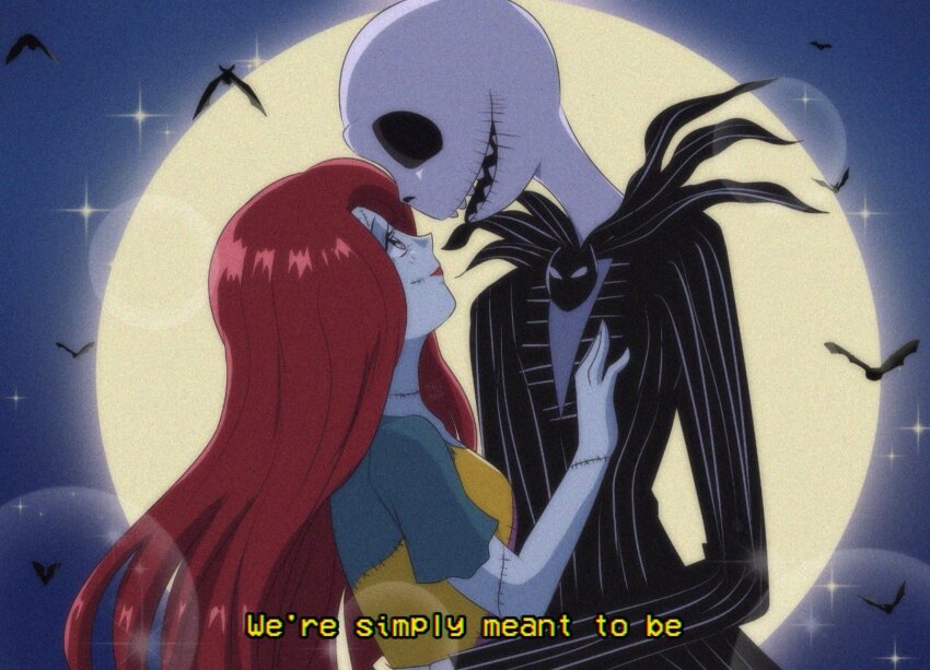 1990s_(style) 1boy 1girl animification brenni_murasaki colored_skin dress formal_clothes highres jack_skellington jacket long_hair long_sleeves open_mouth patchwork_skin pinstripe_pattern red_hair retro_artstyle sally_(nbc) simple_background skeleton smile stitched_face stitches striped_clothes suit the_nightmare_before_christmas
