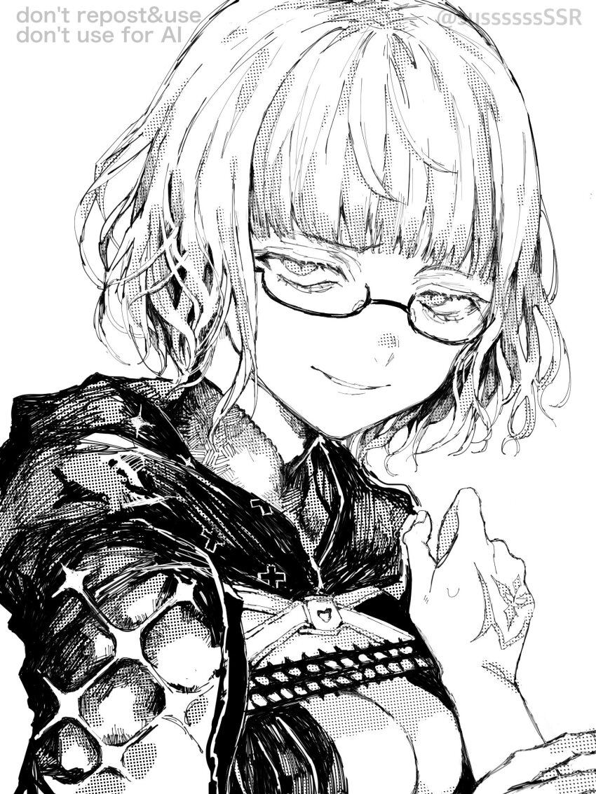 2girls artist_name breasts center_opening cleavage collar command_spell cross cross_print fate/grand_order fate_(series) greyscale highres hood jacques_de_molay_(foreigner)_(fate) jacques_de_molay_(foreigner)_(second_ascension)_(fate) looking_at_viewer medium_breasts monochrome multiple_girls naughty_face out_of_frame semi-rimless_eyewear short_hair smile sussssssssr sweatdrop wavy_hair