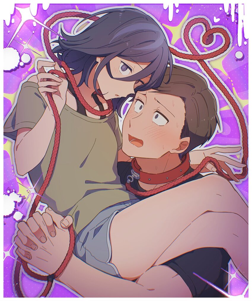 1boy 1girl abstract_background angel_martinez animal_collar assertive_female blue_shorts blush border bound brown_eyes brown_hair carrying clinical_trial_(game) collar couple femdom fingernails hetero highres holding holding_leash leash lee_smith looking_at_another looking_at_viewer loose_hair_strand multicolored_hair open_mouth own_hands_together pet_play pminthama princess_carry purple_eyes purple_hair red_collar shorts sweat thighs white_border