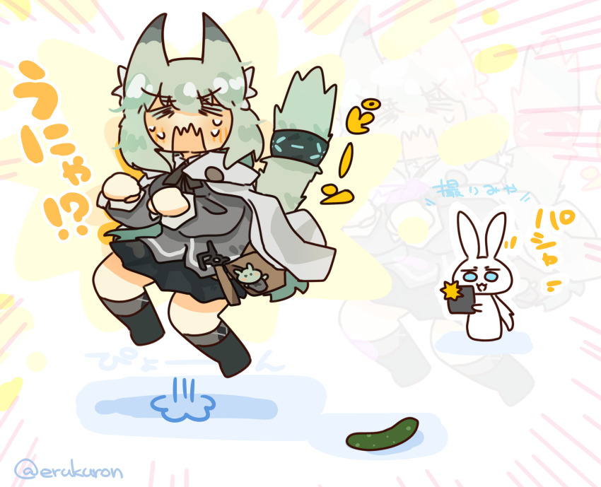 2girls amiya_(arknights) animal_ears arknights black_skirt cape cat_ears cat_girl cat_tail chibi closed_eyes cucumber feral_instincts full_body green_eyes green_hair grey_shirt harmonie_(arknights) highres jumping lcron multiple_girls scared shirt skirt solo_focus tail white_cape zoom_layer