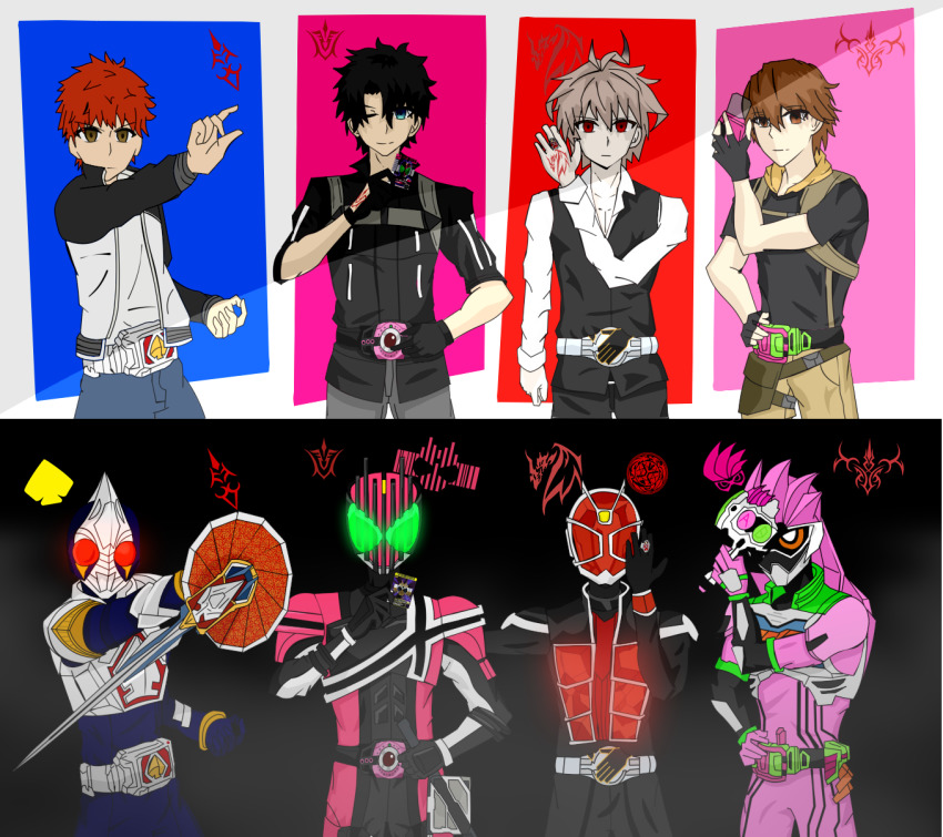 4boys action_gamer_level_2 ahoge armor artist_request belt black_hair blue_eyes bodysuit boobplate braid breastplate brown_eyes brown_hair card command_spell crossover emiya_shirou fate/apocrypha fate/extella fate/extra fate/grand_order fate/stay_night fate_(series) fujimaru_ritsuka_(male) full_armor gashacon_breaker gloves green_eyes hair_between_eyes helmet highres holding holding_card holding_sword holding_weapon jewelry kamen_rider kamen_rider_blade kamen_rider_blade_(series) kamen_rider_dcd kamen_rider_decade kamen_rider_ex-aid kamen_rider_ex-aid_(series) kamen_rider_wizard kamen_rider_wizard_(series) kishinami_hakuno_(male) long_braid long_sleeves looking_at_viewer magic_circle male_focus mask mighty_action_x_level_2 multiple_boys orange_hair pants pauldrons polar_chaldea_uniform raglan_sleeves red_eyes rider_belt rider_gashat ring shirt shoulder_armor shoulder_pads sieg_(fate) single_braid smile sunbro667 sword tailcoat tokusatsu vest waistcoat weapon white_shirt yellow_eyes