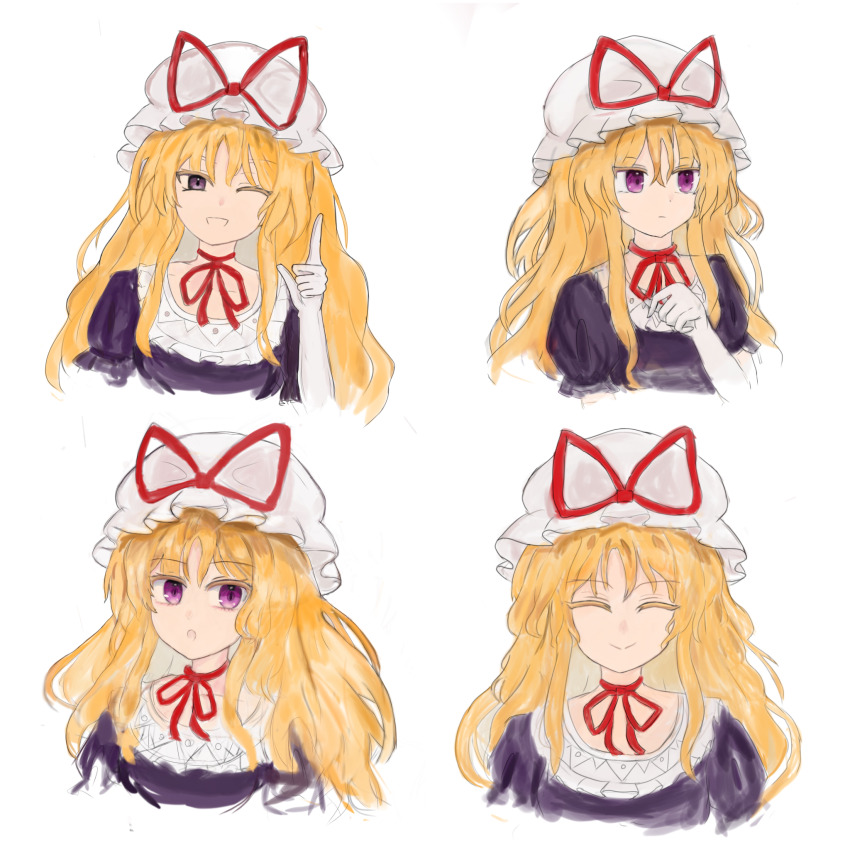 1girl 83mkneinlsqmebq blonde_hair choker closed_mouth commentary_request dress gloves hat hat_ribbon highres long_hair mob_cap multiple_views one_eye_closed open_mouth purple_dress purple_eyes red_ribbon ribbon ribbon_choker short_sleeves smile touhou white_gloves yakumo_yukari