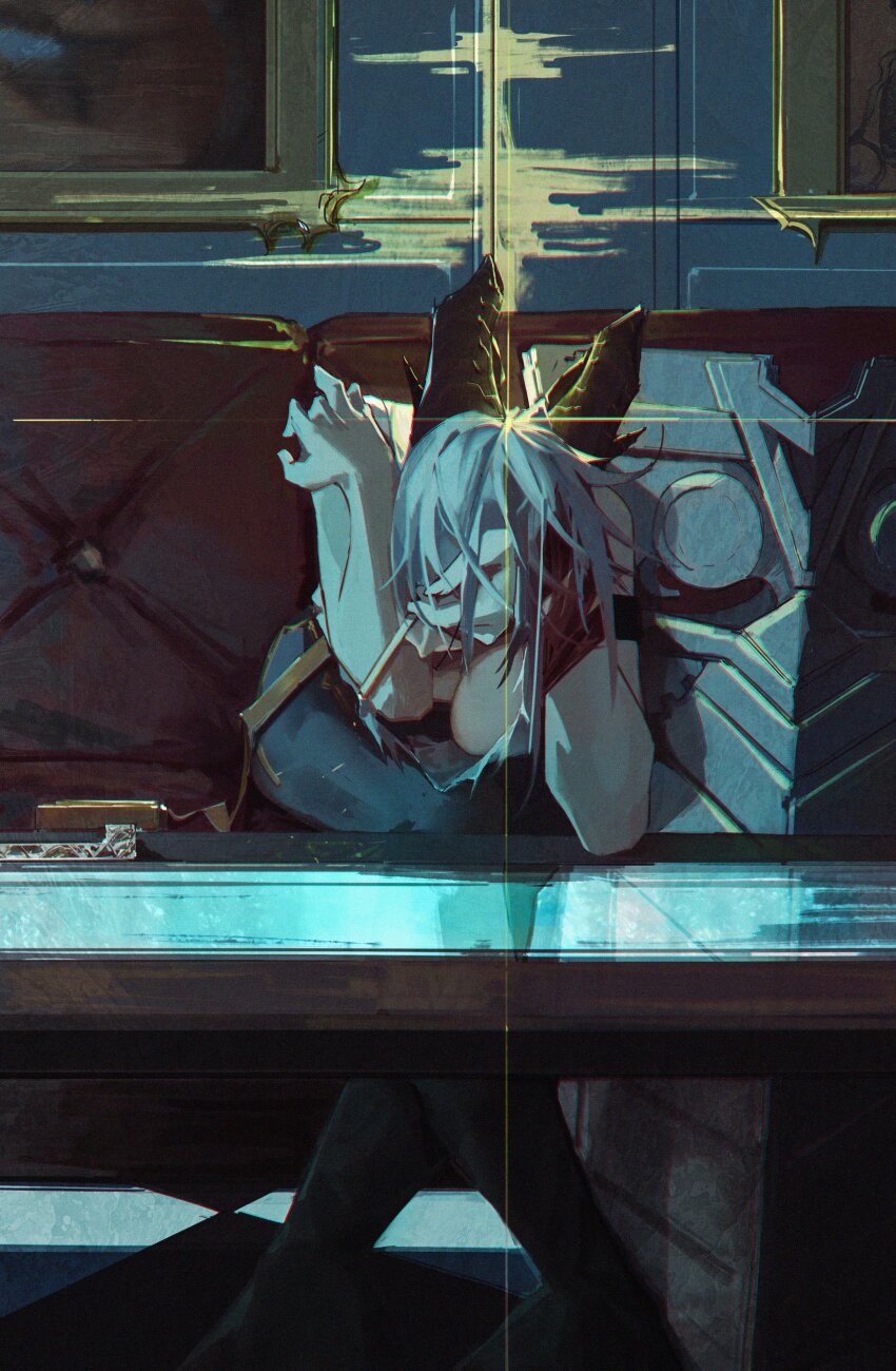 1girl absurdres arm_strap black_horns black_pants breasts cleavage commentary couch crossed_legs curled_horns elbow_rest emu2046 english_commentary grey_hair hand_to_head hand_up head_rest highres horizontally_flipped horns indoors large_breasts leaning_forward necktie necktie_around_wrists on_couch pants picture_frame red_necktie shield shirt sitting solo table torn_clothes torn_shirt white_shirt wuthering_waves zani_(wuthering_waves)