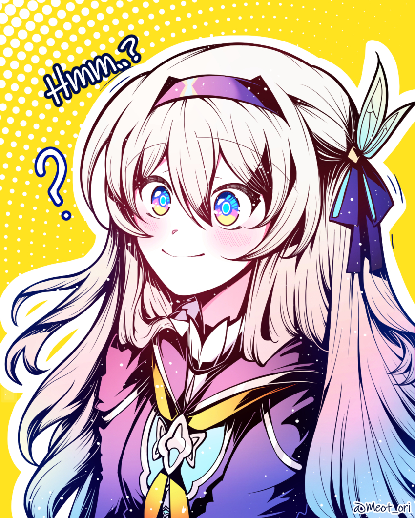 1girl ? blue_pupils blush closed_mouth collared_shirt electronduck firefly_(honkai:_star_rail) grey_hair hair_between_eyes hair_intakes hair_ornament hair_ribbon hairband highres honkai:_star_rail honkai_(series) jacket multicolored_eyes multicolored_hair neckerchief orange_neckerchief polka_dot polka_dot_background ribbon shirt simple_background smile two-tone_eyes white_shirt yellow_background