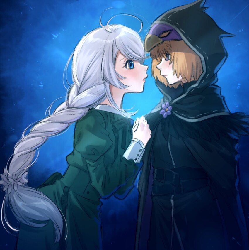 2girls ahoge aoba_chika bird_mask blue_background blue_eyes braid closed_mouth commentary_request cowboy_shot dress expressionless eye_contact face-to-face from_side green_dress hands_up hood hood_up juliet_sleeves long_hair long_sleeves looking_at_another magia_record:_mahou_shoujo_madoka_magica_gaiden mahou_shoujo_madoka_magica mask miura_asahi miura_asahi_(halloween_costume) multiple_girls official_alternate_costume orange_hair puffy_sleeves purple_eyes short_hair standing twin_braids yukishiro_(hitsuji)