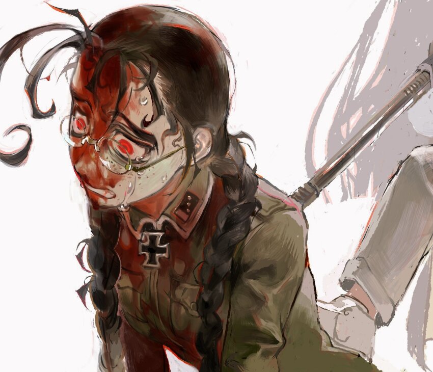 2girls 2ya0213 alucard_(hellsing) black_hair blood blood_on_clothes blood_on_face braid formal_clothes genderswap genderswap_(mtf) girlycard gun hellsing highres holding holding_gun holding_weapon long_hair multiple_girls red_eyes rip_van_winkle_(hellsing) stepped_on suit twin_braids weapon white_suit
