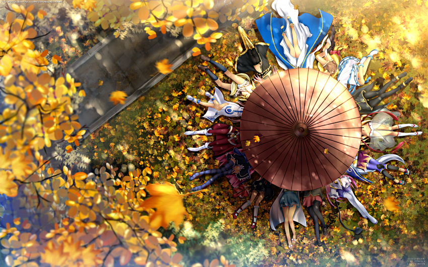 00s 10s 6+girls aa_megami-sama ankle_boots aria_(manga) asakura_nemu autumn autumn_leaves baka_to_test_to_shoukanjuu belldandy belt black_dress black_hair black_socks blonde_hair blue_legwear blue_skirt blurry boots cape circle_formation crossover da_capo da_capo_i dappled_sunlight depth_of_field dress dxlsmax_(lizhimin) falling_leaves from_above grass groin head_out_of_frame highres ikamusume kanokon katanagatari kimi_ga_aruji_de_shitsuji_ga_ore_de kirishima_shouko kneehighs kuonji_shinra lala_satalin_deviluke leaf legs lina_inverse lisa_(seiken_no_blacksmith) loafers long_hair lying marin_(umi_monogatari) mary_janes megurine_luka minamoto_chizuru mizunashi_akari multiple_crossover multiple_girls navel oil-paper_umbrella on_back on_side outdoors panty_&amp;_stocking_with_garterbelt pantyhose parasol pink_hair red_legwear sandals see-through_clothes seiken_no_blacksmith shinryaku!_ikamusume shoes short_shorts shorts side_slit skirt slayers socks stocking_(psg) sunlight tail thighhighs to_love-ru toeless_legwear toes togame umbrella umi_monogatari umineko_no_naku_koro_ni ushiromiya_maria very_long_hair vocaloid watermark web_address white_dress white_legwear zettai_ryouiki