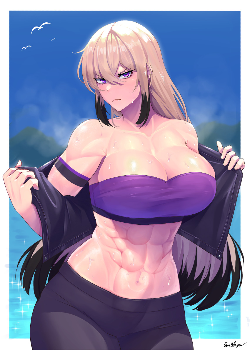 1girl abs absurdres armband bird black_armband blonde_hair breasts buttslayer cleavage collarbone day half-closed_eyes highres huge_breasts jacket large_breasts long_hair multicolored_hair muscular muscular_female original outside_border purple_eyes scowl sky solo tank_top water watermark