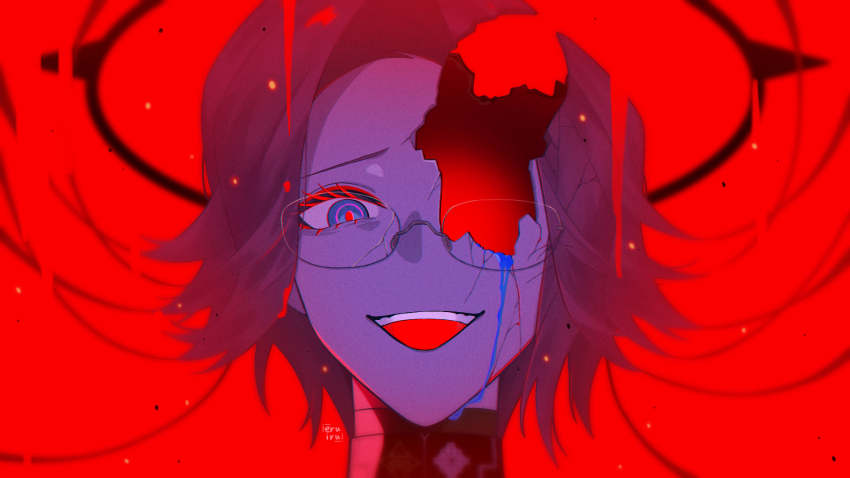 1boy aotsuki_eito aquam0n1ca artist_name black_halo blending blood bloody_tears blue_blood blue_eyes body_horror broken_eyewear broken_skin colored_eyelashes commentary evil_grin evil_smile eyeliner glasses grey_hair grin halo highres last_defense_academy_school_uniform looking_at_viewer makeup male_focus marshmallow_(vocaloid) open_mouth portrait red_background red_eyeliner red_pupils school_uniform short_hair smile solo spoilers teeth the_hundred_line_-last_defense_academy- upper_teeth_only variant_set
