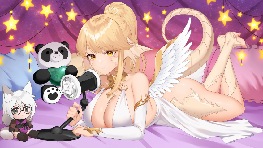 1girl absurdres angel_wings bare_shoulders binaural_microphone blonde_hair breasts character_doll cleavage closed_mouth detached_sleeves doll dress feathered_wings feet gold_collar gold_trim highres indie_virtual_youtuber large_breasts long_hair lying microphone momo_cita on_stomach sakotach scales star_(symbol) stuffed_animal stuffed_panda stuffed_toy tail virtual_youtuber white_dress white_sleeves white_wings wings yellow_eyes