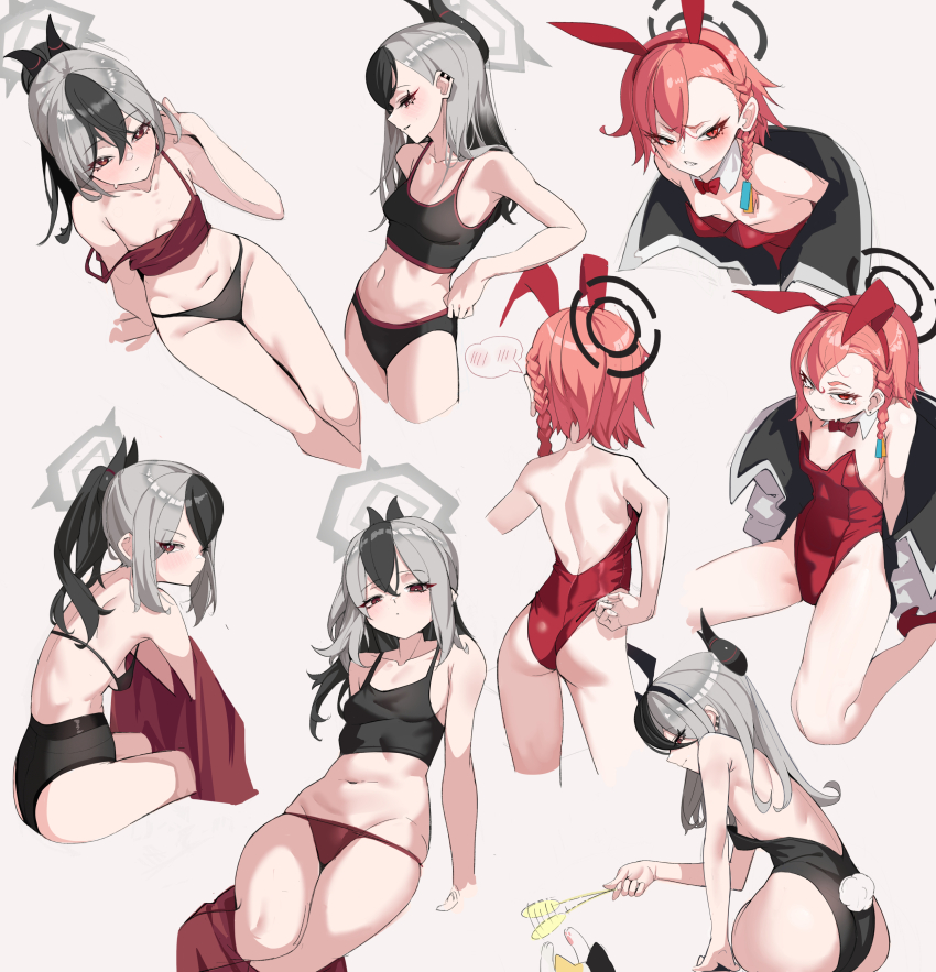 2girls absurdres adjusting_clothes adjusting_leotard afterimage animal_ears ass back bare_shoulders black_bra black_hair black_leotard black_panties black_shirt blue_archive bow bowtie bra braid breasts camisole cat cat_teaser clenched_teeth closed_mouth detached_collar ear_piercing fake_animal_ears fake_tail grey_hair groin hairband halo high_heels highres horns jacket kayoko_(blue_archive) lanzen_wu leotard long_hair looking_at_viewer multicolored_hair multiple_girls multiple_views navel neru_(blue_archive) neru_(bunny)_(blue_archive) open_clothes open_jacket oversized_breast_cup panties piercing pink_hair rabbit_ears rabbit_tail red_eyes red_footwear red_leotard red_panties red_shirt shirt short_hair sidelocks single_braid sitting small_breasts smile spoken_blush strap_slip sweat tail tearing_up teeth two-tone_hair underwear wedgie