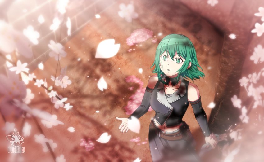 1girl cherry_blossoms dappled_sunlight detached_sleeves evillious_nendaiki from_above green_eyes green_hair gumi hand_up highres holding looking_up mario_gagabriel nemesis_no_juukou_(vocaloid) nemesis_sudou official_style project_sekai shirt sleeveless sleeveless_shirt solo sunlight vocaloid