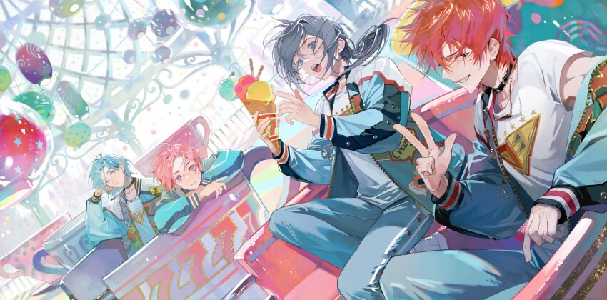 4boys absurdres amagi_rinne aqua_eyes blue_hair blue_pants blue_shirt choker closed_mouth crazy_b_(ensemble_stars!) cup day ensemble_stars! expressionless floating_hair food grey_hair hanging_light highres himeru_(ensemble_stars!) holding holding_food holding_ice_cream ice_cream in_container in_cup jacket long_hair looking_at_viewer male_focus multiple_boys open_mouth oukawa_kohaku outdoors pants parted_lips pink_hair purple_eyes railing red_hair sanmuyun shiina_niki shirt smile surprised v white_shirt
