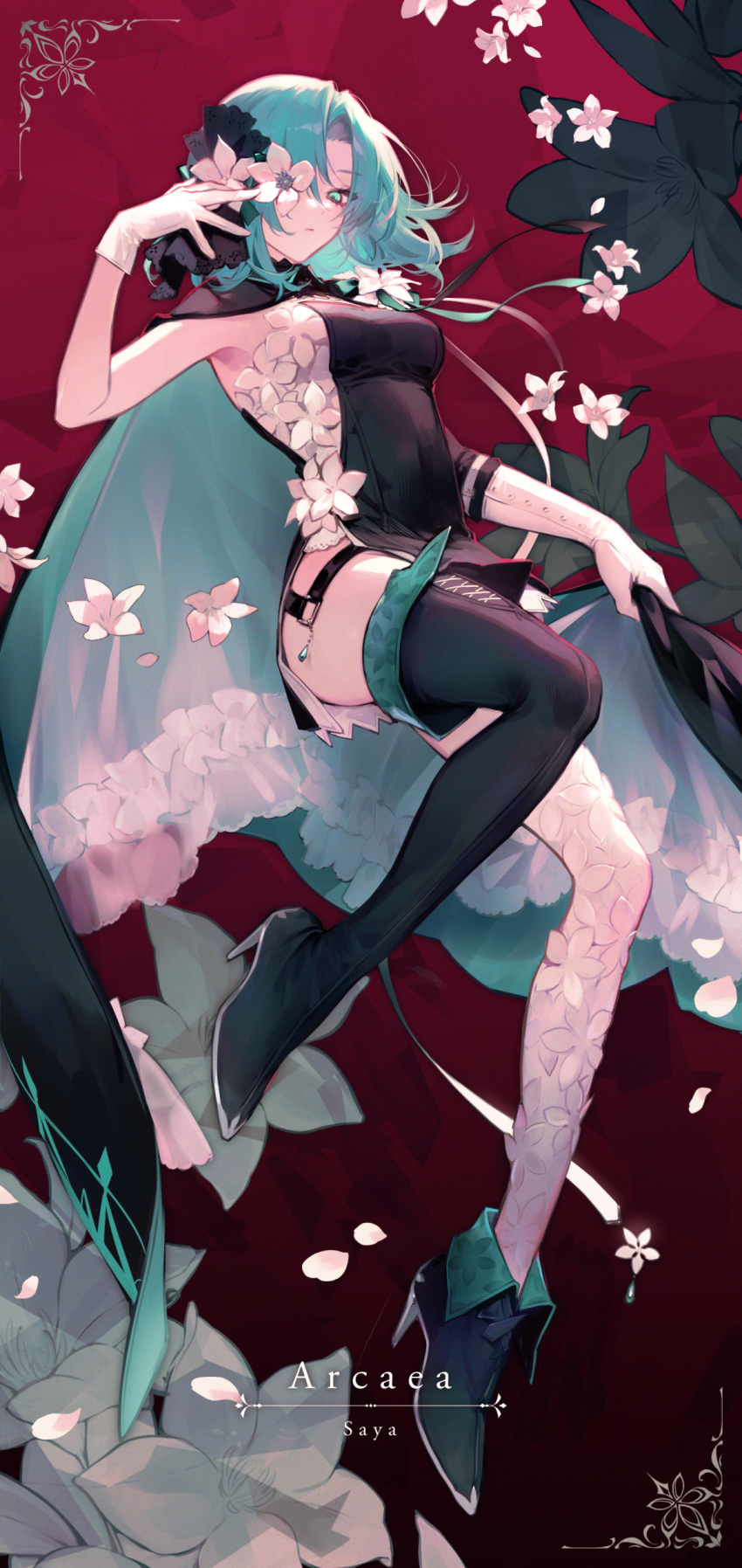 1girl absurdres aqua_hair arcaea asymmetrical_footwear boots cape character_name closed_mouth copyright_name dress flower full_body gloves hand_up high_heel_boots high_heels highres looking_at_viewer one_eye_covered red_background saya_(arcaea) short_dress single_thigh_boot single_thighhigh sleeveless sleeveless_dress solo suzunashi thigh_boots thighhighs uneven_footwear white_flower white_gloves