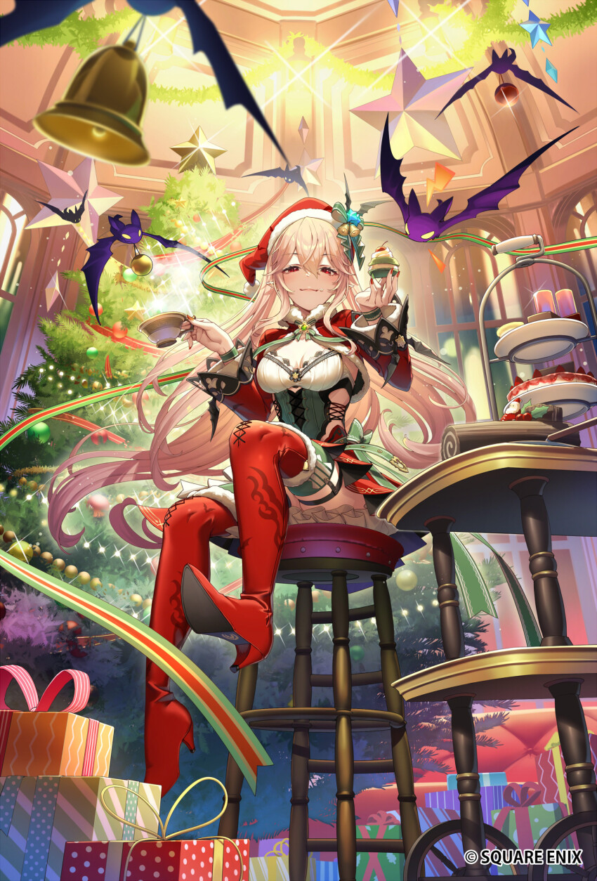 1girl :3 bat_(animal) bell_sleeves black_nails blonde_hair boots bow box breasts brooch cake cherry christmas christmas_ornaments christmas_present christmas_tree cleavage closed_mouth clothing_cutout copyright_notice corset couch cream cream_on_face cup decorating_christmas_tree food food_on_face frilled_skirt frills from_below fruit full_body fur-trimmed_boots fur-trimmed_headwear fur-trimmed_sleeves fur_trim gift gift_box green_bow green_corset green_ribbon green_thighhighs hair_between_eyes hat hat_bell hat_bow high_heel_boots high_heels highres holding holding_cup holding_food holding_ornament holding_ribbon indoors jewelry legwear_garter long_hair looking_at_viewer looking_down macaron medium_breasts miniskirt mobile mouth_hold nail_polish neck_ribbon official_art pleated_skirt pointy_ears red_boots red_eyes red_hat red_skirt red_sleeves ribbon romancing_saga_2 romancing_saga_re;universe saga santa_hat shirt shoe_soles shrug_(clothing) side_cutout sitting skirt smile solo star_(symbol) steam stool strapless strapless_shirt strawberry striped_ribbon table teacup tef thigh_boots thighhighs tiered_tray vampire vampire_lady_(romancing_saga) waist_bow whipped_cream white_shirt window wing_hat_ornament wrist_ribbon yule_log_(cake)